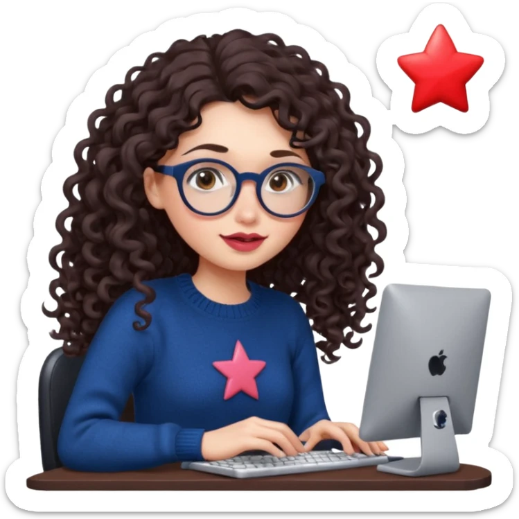 a white young woman with very long curly dark brown/chocolate hair typing in a computer. she's using round glasses, her lips are light red and her cheeks slightly pink. Her eyes are dark brown. She's using a dark blue knit sweater that has a tiny star in the middle   sticker