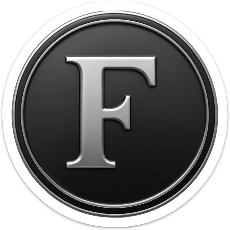 Emoji icon of a black coin with engraved letter F, minimalist style, isolated, no color sticker