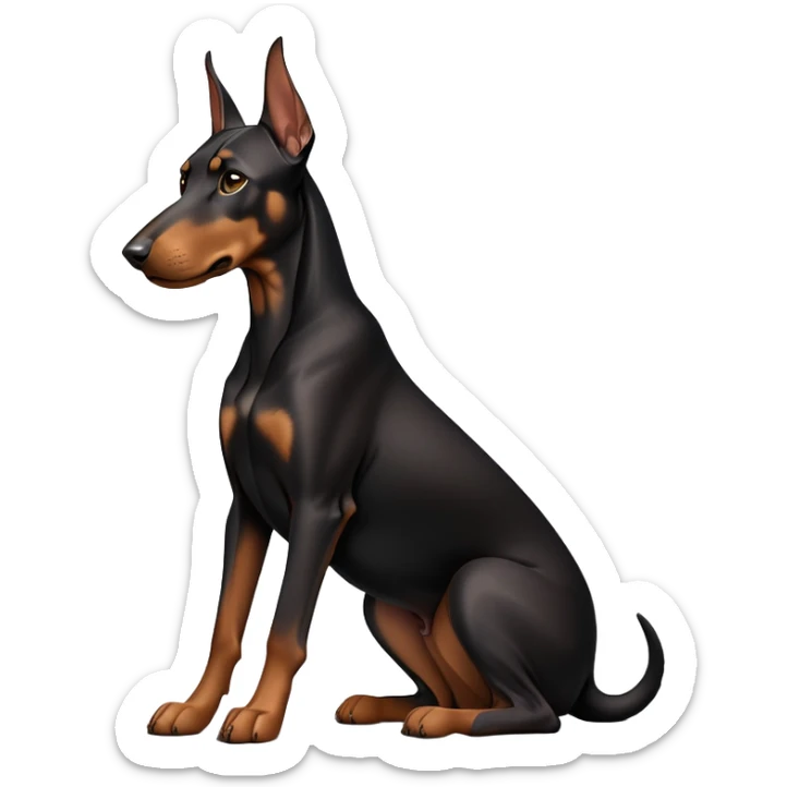 cinematic-[doberman]-realistic-full-body-sitting-emoji,-tail-resting-loosely-beside-its-paws,-head-tilted-dramatically, dooped ears -sleek-[black and tan]-fur,-simplified-yet-realistic-focused-features,-highly-detailed,-glowing-with-an-almost-sarcastic-glow sticker