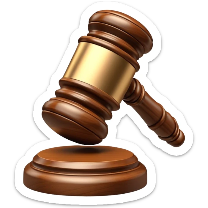 An emoji representing justice and penalty. A wooden judge's gavel striking a sound block, symbolizing a legal decision or punishment. The design is simple, 3D, and slightly glossy, resembling official court decisions sticker