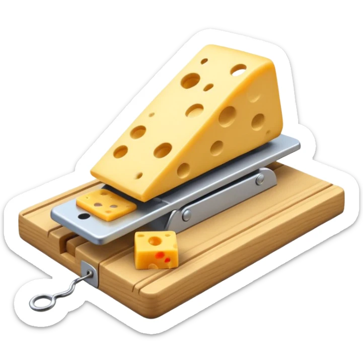 A 3D emoji in iOS emoji aesthetic style of a small mousetrap on a wooden base with a tiny gray mouse approaching a small piece of yellow cheese on it, minimal white background, bright lighting, clean and glossy Apple-style design sticker