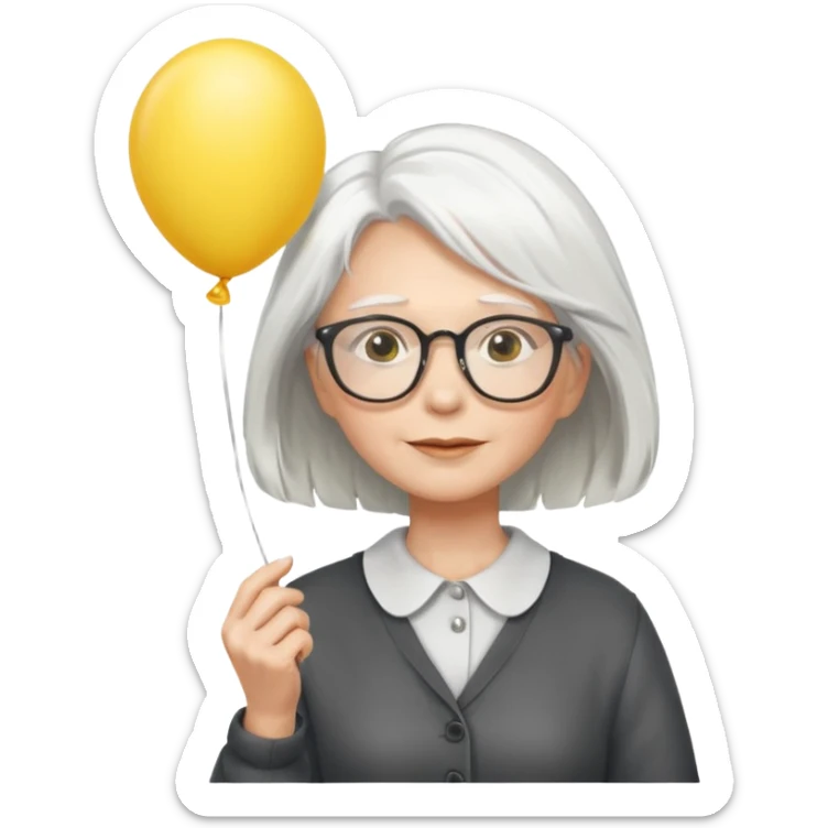 woman with wind white hair and wearing glasses, holding yellow balloon sticker