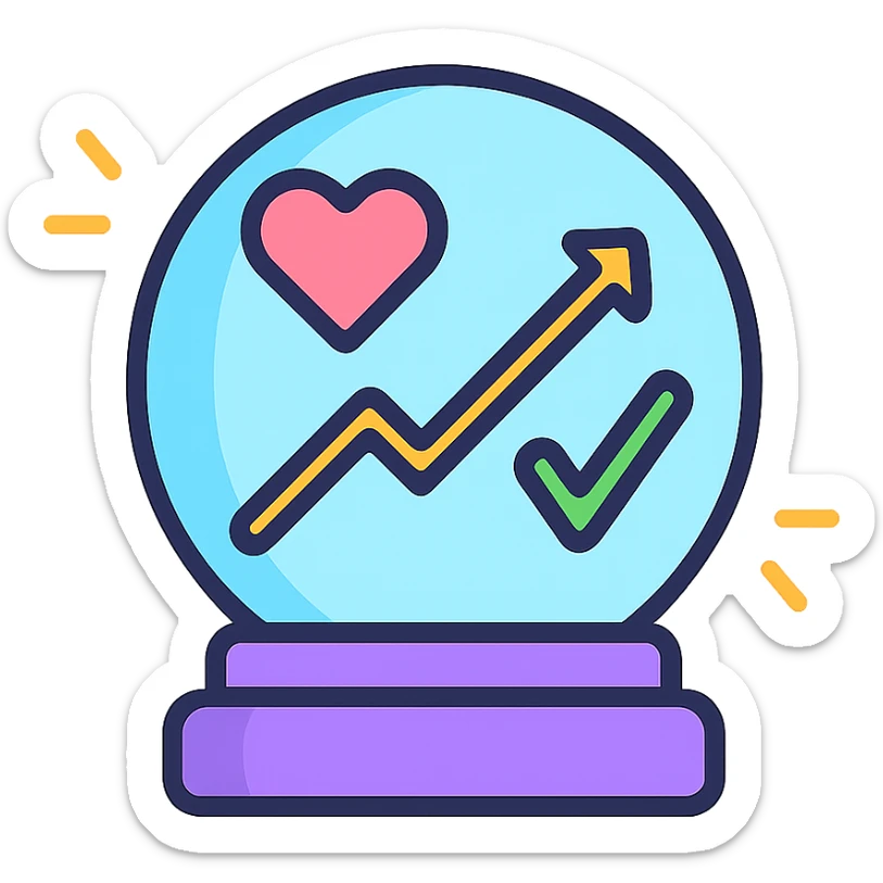 Add an upward slope or rising line graph inside the crystal ball to symbolize improvement and positive healthcare outcomes. Keep the modern icon style, maintaining heart and checkmark, with subtle color highlights. sticker