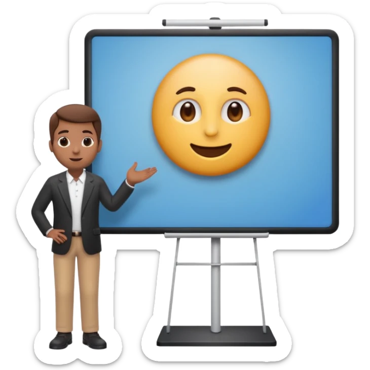 A clean emoji-style illustration of a person giving a presentation, standing next to a large presentation board on a stand, the board is oversized and clearly visible, no podium, no desk, no table, friendly proportions, soft 3D emoji style sticker