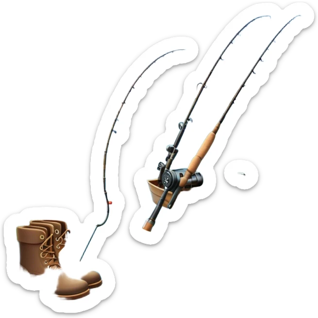 Icon for Fishing Travel: a fishing rod, tackle box, boots, and a boat on a calm lake surrounded by mountains and lush greenery, with fish jumping out of the water. The icon should capture the peaceful and adventurous nature of fishing trips. Transparent background. sticker