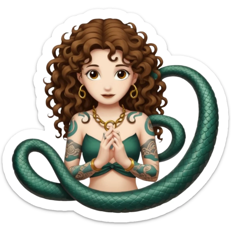 full body woman long curly brown hair brown eyes white skin tattoos ouroboros serpent ring floating behind her like halo sticker