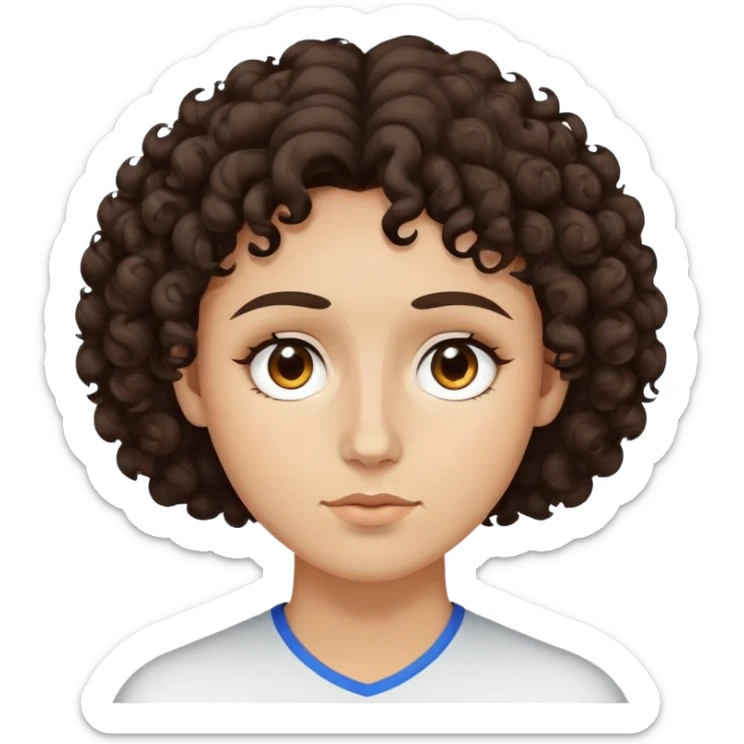 Person with dark brown curly hair that sits on top and goes just onto the top of the forehead, white tan skin with a circular to triangular face shape, brown eyes.  sticker