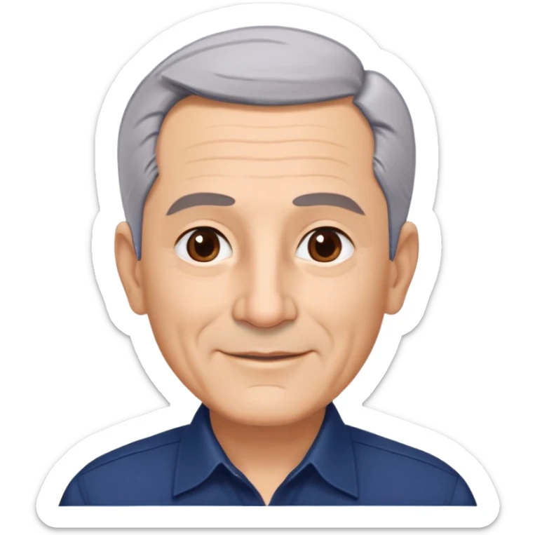 Respected Puerto Rican actor in his 60s, fair skin, round face with broad cheekbones, lively brown eyes, thick eyebrows, straight nose, short gray hair combed to the side with receding hairline, clean-shaven, friendly smile, wearing navy blue button-up shirt sticker