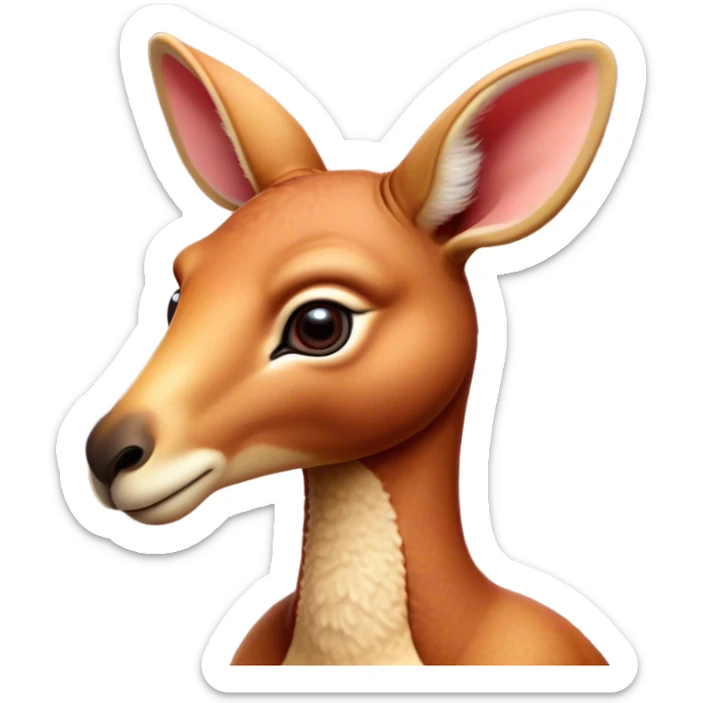 Cinematic Cute Adult Red Kangaroo Portrait Emoji, Head tilted playfully and inquisitively, showcasing a charming, robust build with soft reddish fur and a uniquely camel-like head featuring a gentle, elongated snout and rounded ears, with large, sparkling eyes full of wonder, Simplified yet irresistibly adorable features, highly detailed, glowing with a warm, friendly glow, high shine, affectionate and lively, stylized with a touch of outback whimsy, soft glowing outline, capturing the essence of a mischievous yet loving kangaroo that seems as if it could hop out of the screen into your arms! sticker