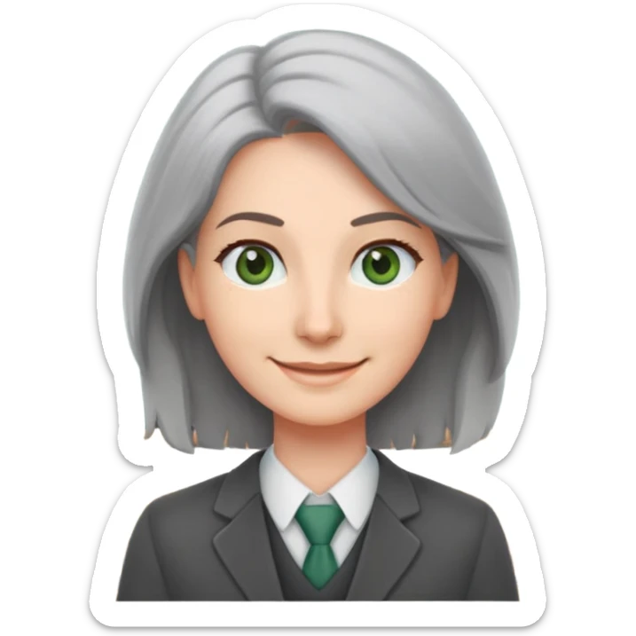 smiling English teacher with airtouch hair and grey-green eyes standing in front of a classroom with chalkboard sticker