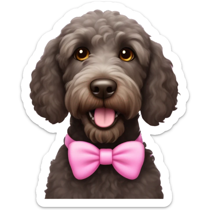 Black labradoodle female dog brown eyes with pink bows on her ears and pink collar on with the name Bonnie sticker