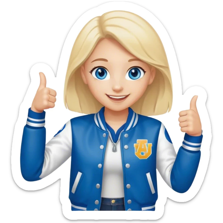 smiling girl in letterman jacket Blue eyes thumb up, Name is Tini, two Little daughters sticker