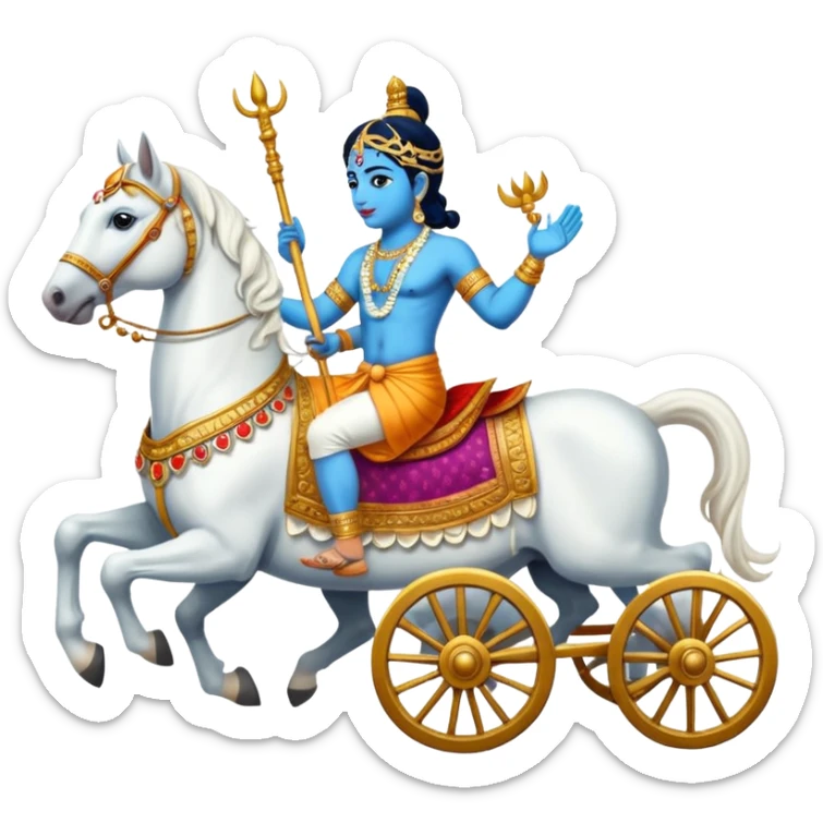Lord Krishna driving a chariot ,seven white horses in front of the Chariot and Arjun riding the Chariot. sticker