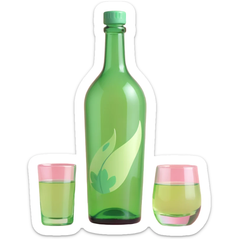 apple style 3D emoji of a green soju bottle and a small glass, soft highlights, cute proportions sticker