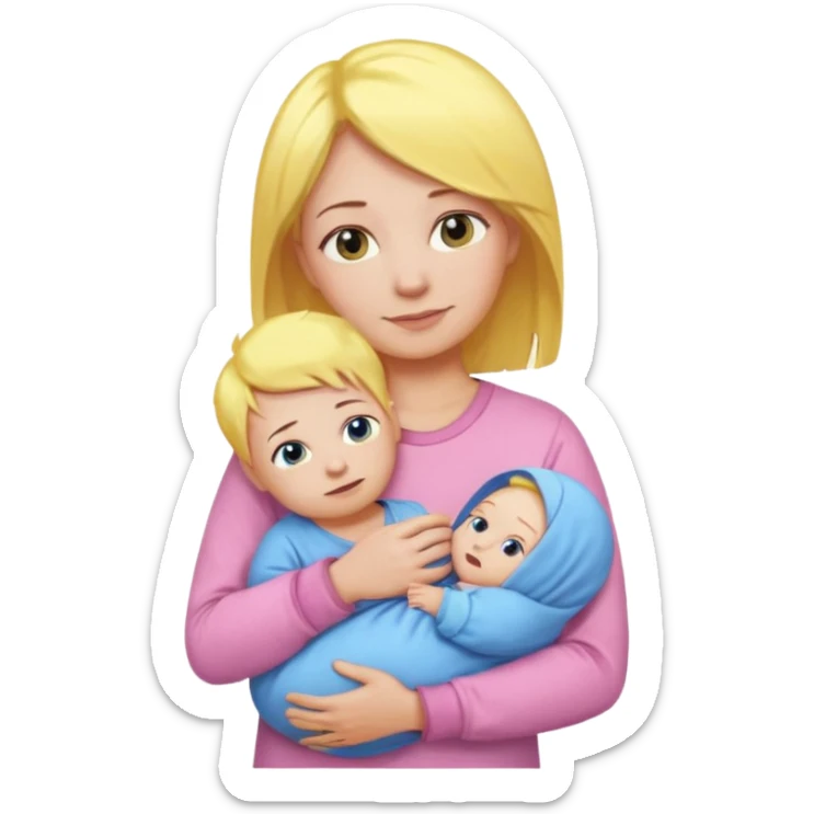mother with yellow hair and pink shirt holding baby in blue pajamas, emoji style sticker