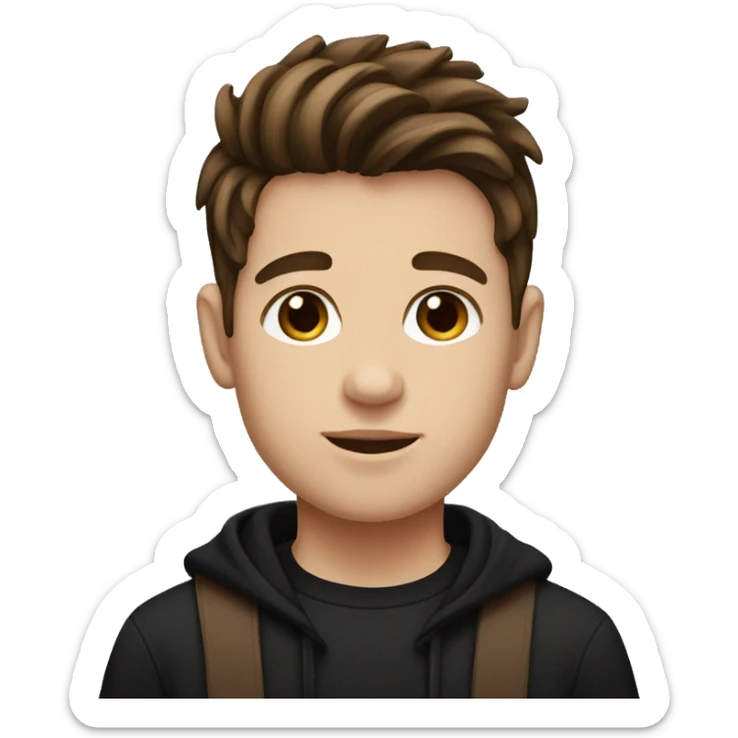 boy with a stripe in the middle hairstyle, brown hair and a black sweater, brown eyes and white skin sticker