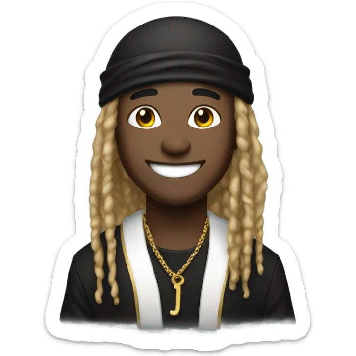 Kai Cenat with dreadlocks with durag on and a big smile wearing black shirt and gold chain sticker