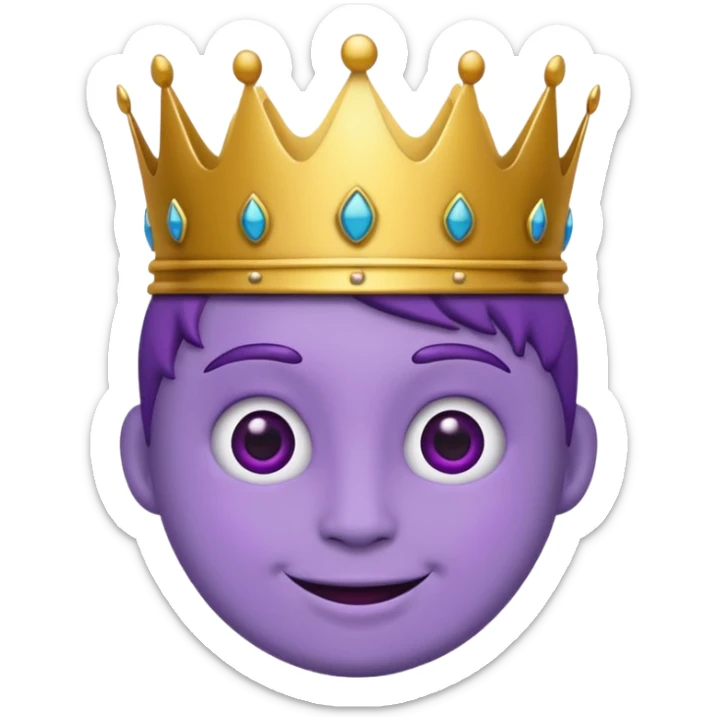 An emoji of Wemmbu, purple skinned, 2 dots for eyes. :] smile and golden crown sticker