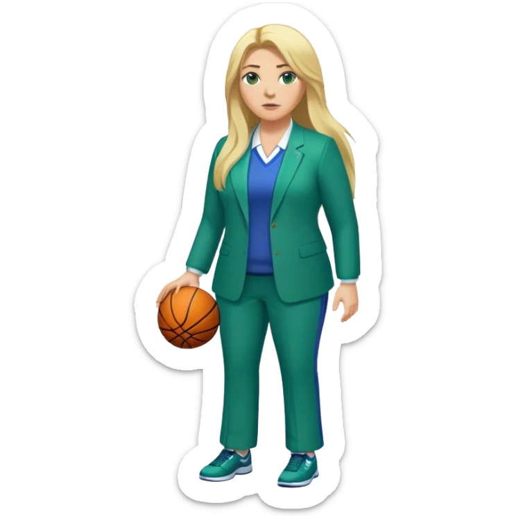 Full Body white plus size female basketball head coach with long blonde hair in a blue and green suit sticker