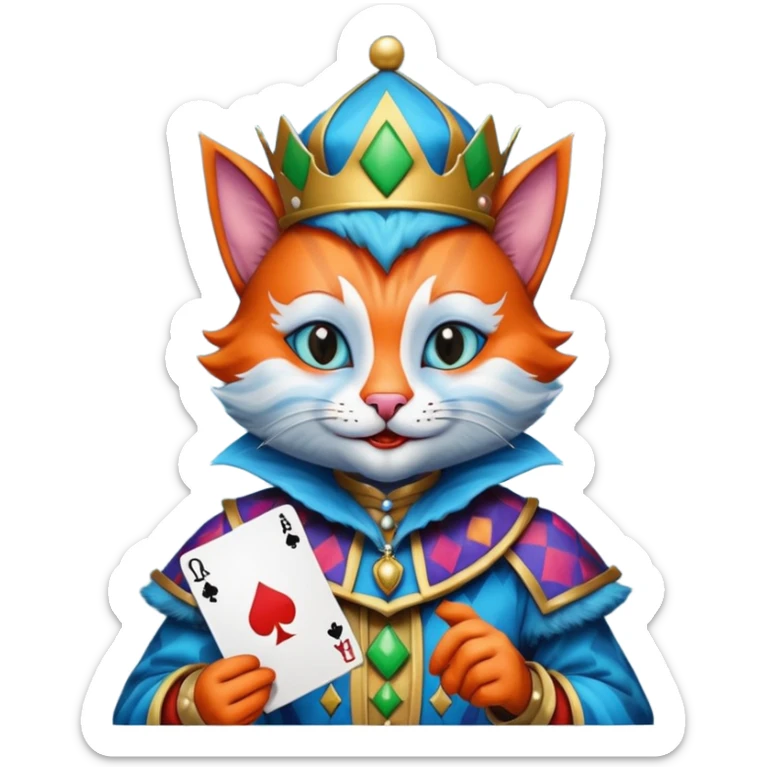 crazy colorful cute little cat jolly joker from poker, medieval, vintage, court jester, mac os icon, blue color, holds a poker card sticker