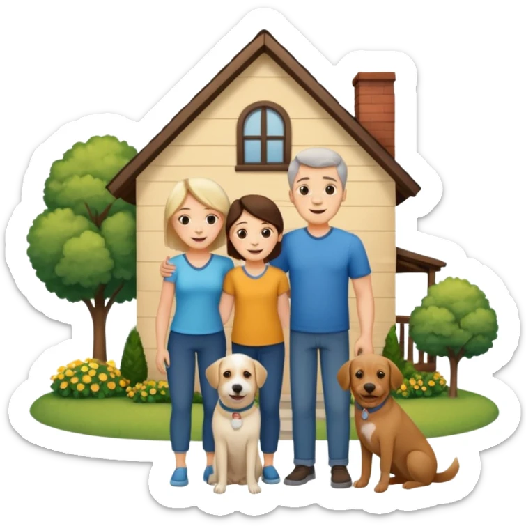 a mom and dad standing in front of a house with their son and a dog next to them sticker