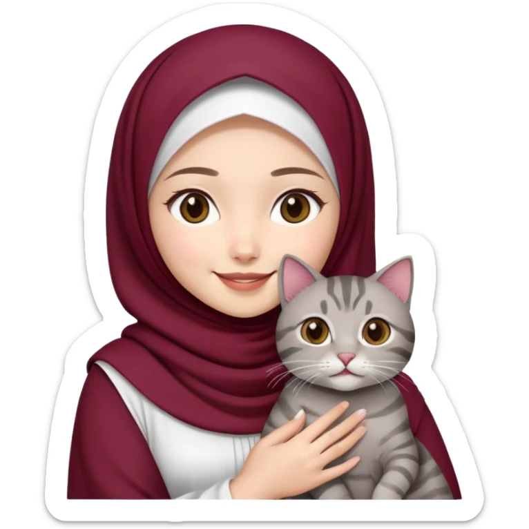 Asian White girl wearing maroon hijab wearing a white dress holding a black grey tabby cat while smiling.  sticker