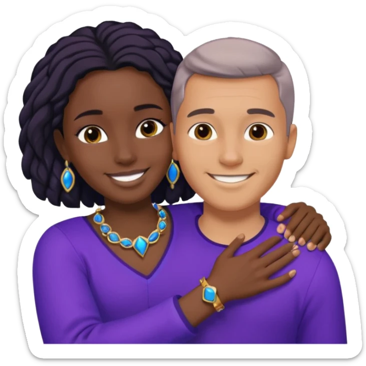 Tan European male wearing blue and smiling and hugging a jet black African girl in purple clothes with blue jewelry sticker
