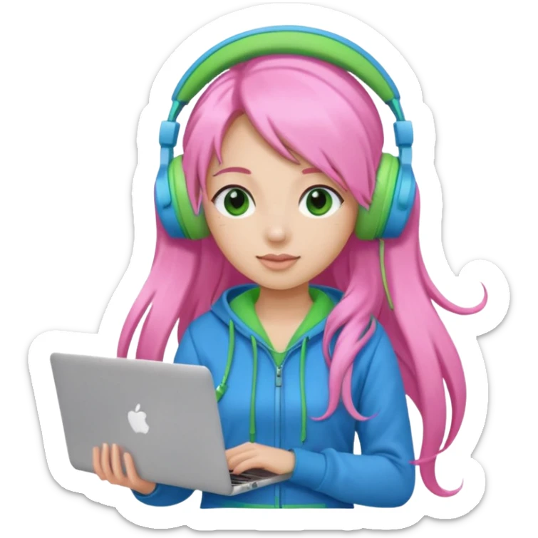 Create an emoji of a woman with long pink twin-tail hair. She is a game streamer, wearing green headphones, holding a MacBook, and dressed in a blue outfit. sticker