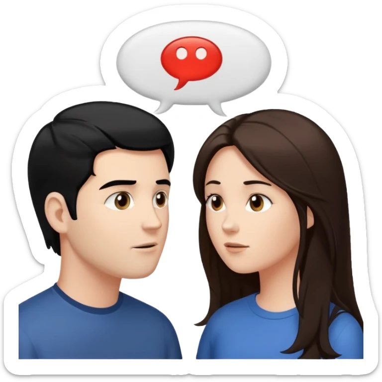 a person chatting up another person, one white male with black hair, one white woman facing each other talking with strictly white speech bubbles above their head,  sticker