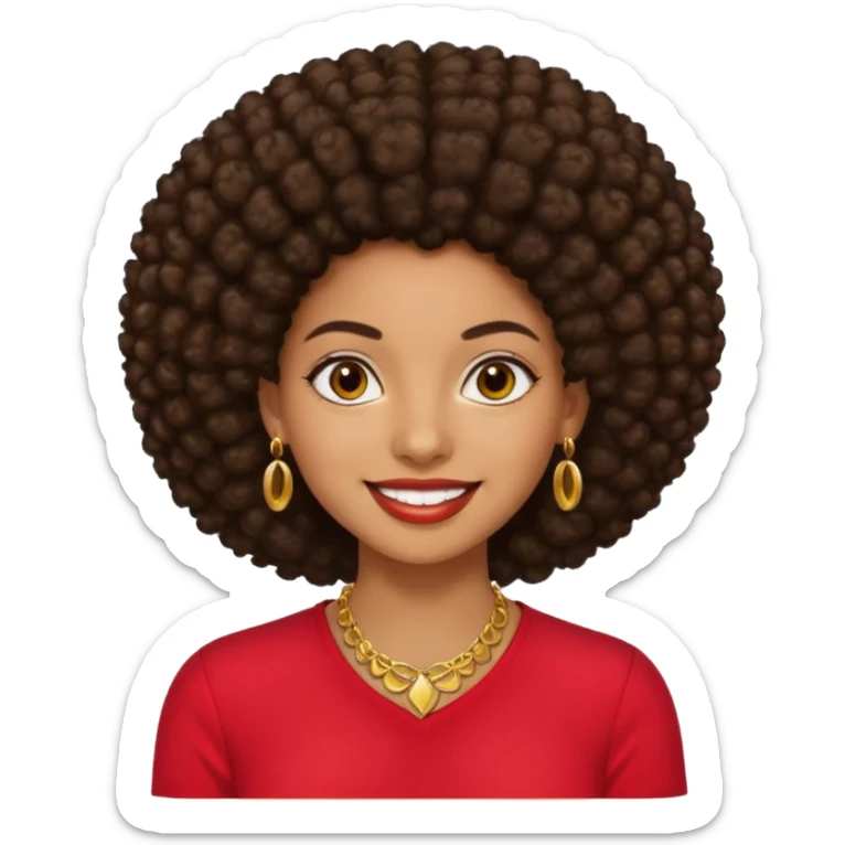 Brownskin girl dark brown hair afro brown eyes smiling red shirt gold esrrings gold necklace sticker