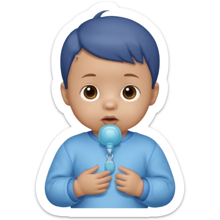 A cartoon baby with light skin, small tuft of hair, wearing a baby outfit, holding a pacifier, front-facing sticker