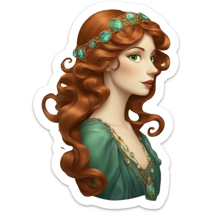 Art Nouveau lady with long swirling redbrown hair, bluegreen eyes, jewels sticker