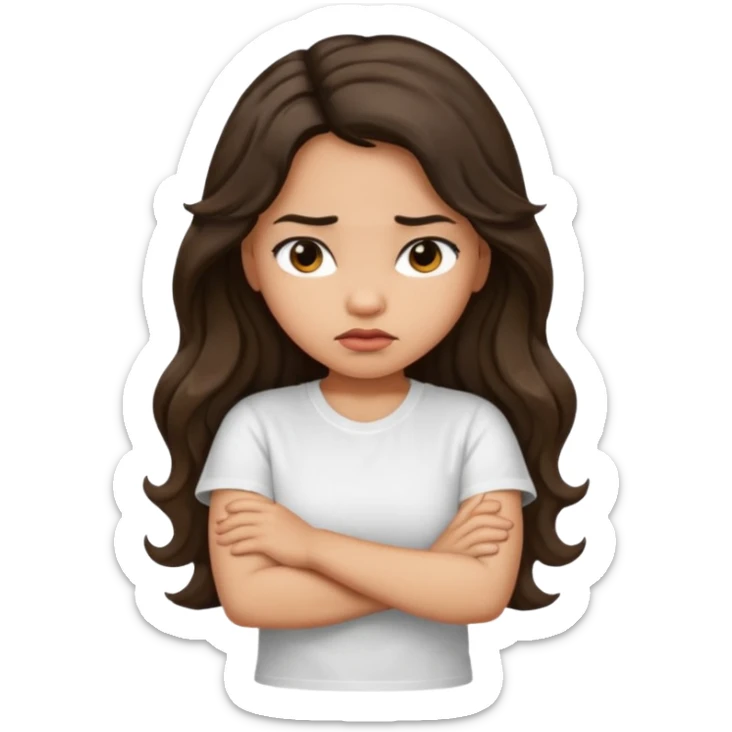 Hispanic light tan girl with long dark wavy hair with arms folded and pouting sticker