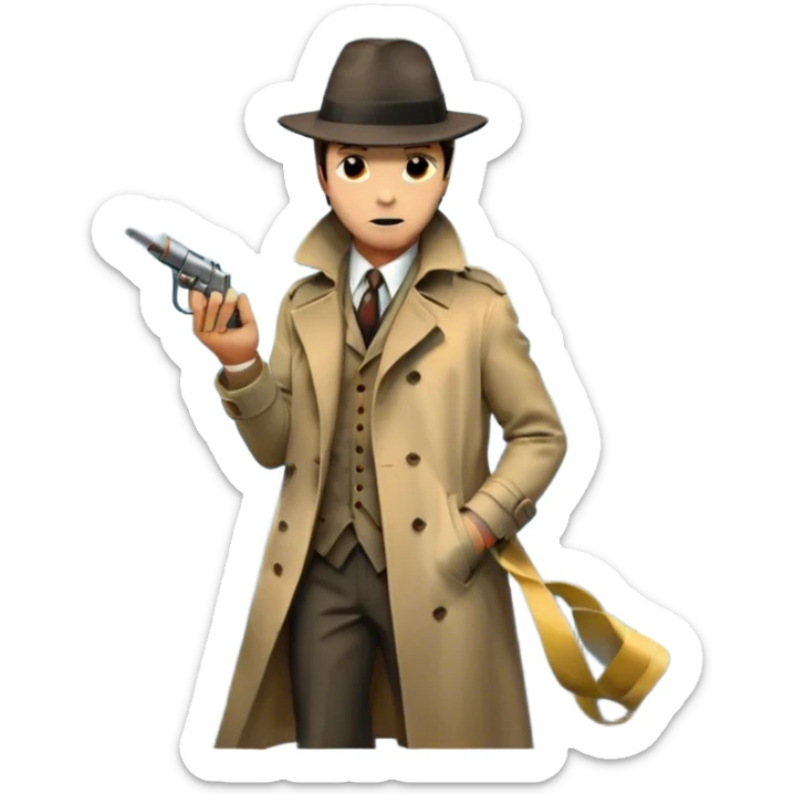 Vintage detective movie poster-style emoji. A classic noir scene with a detective in a trench coat and fedora,crime scene tape, and a smoking gun. A shadowy cityscape in the background with dim streetlights and fog. Dramatic lighting and a retro cinematic feel. Transparent background. sticker