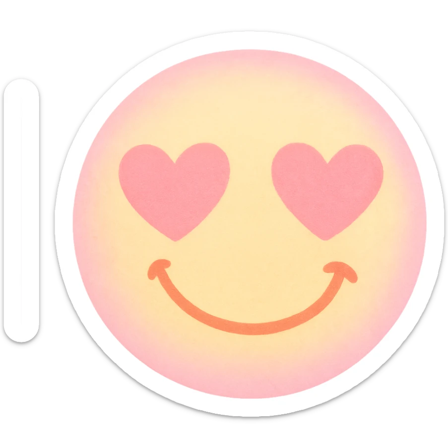 cute emoji, heart eyes, playful grin, pastel pink and yellow sticker