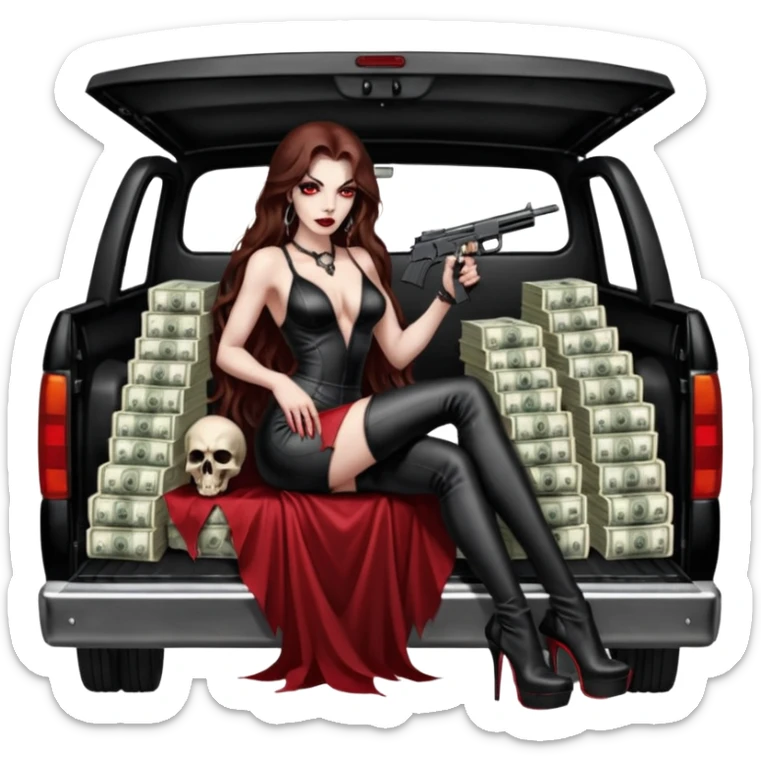 Lilith red eye seductress evil long brown haired sexy succubus woman with leather long dress with slit on, sitting in Big Large F350 pickup truck. Wearing super tall black platform high heels, Back seat full of stacks of cash, she is  Holding a human skull of her enemies and a gun in other hand sticker
