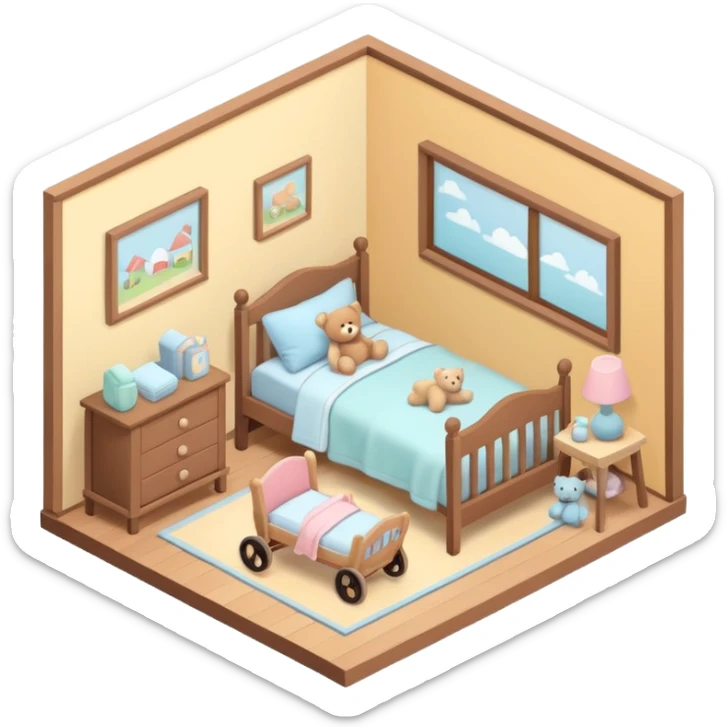 isometric baby room, Cozy baby room with crib and teddy bear sticker