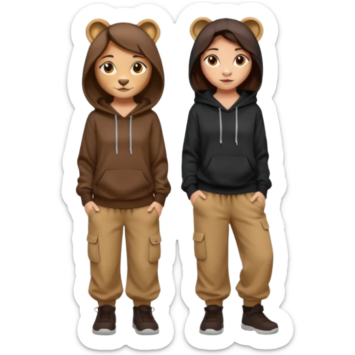 León tierno que sea mujer con pantalones guangos  y una sudadera negra con cabello suelto color castaño obscuro sticker