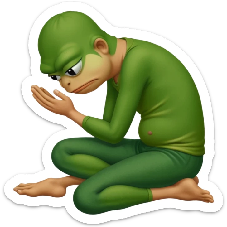 Pepe the frog kneeling and praying in front of man’s feet sticker