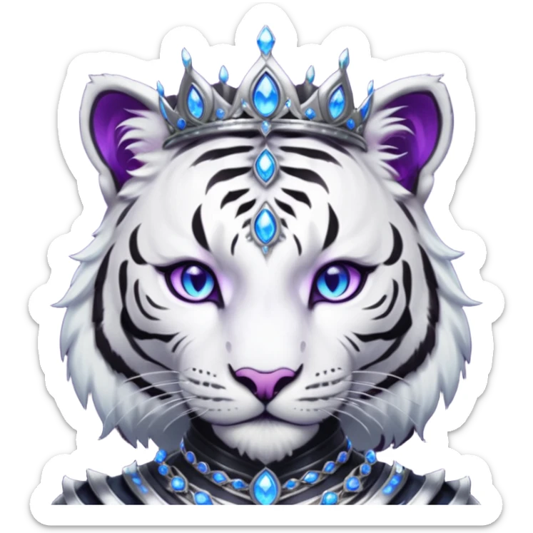 ESO Female white/black tiger khajiit leader of the umbral rose, glowing blue eyes, glowing blue 'third eye' gem; beautiful purple gemmed silver tiara sticker
