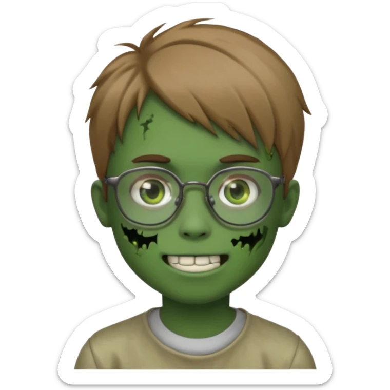 boy zombie with light brown emo hair and green skin and glasses and corner smile sticker