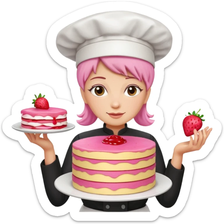 woman chef holding pink Crepe gooey strawberry SPAM  jam cake sticker