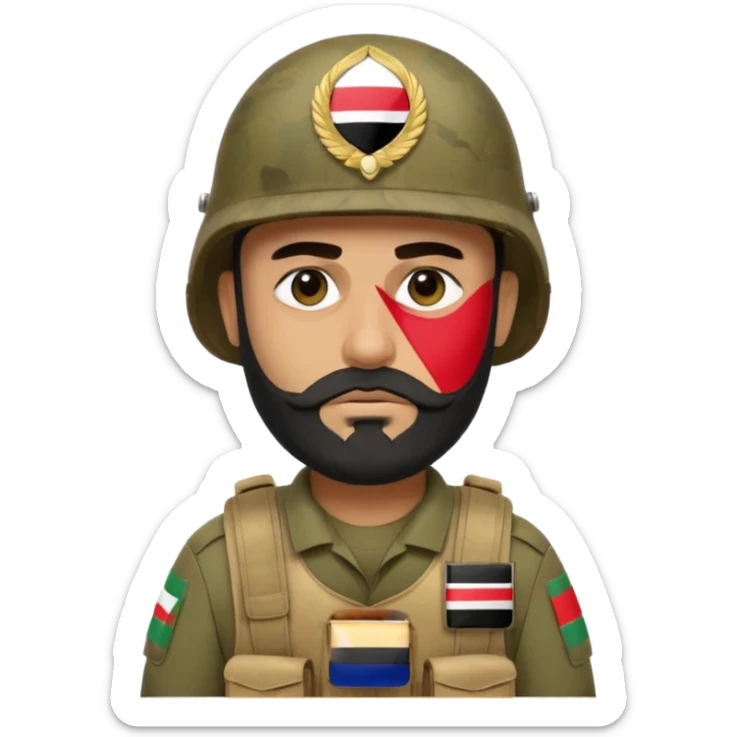 A very tired and sad, swarthy Iraqi soldier with a beard, an Iraqi flag on his helmet, a sad expression and bags under his eyes sticker