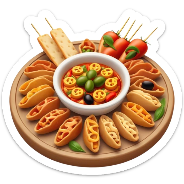 Cinematic Realistic Tapas Dish Emoji, depicted as an assortment of small, flavorful Spanish appetizers rendered with vibrant detail and warm, inviting lighting. sticker