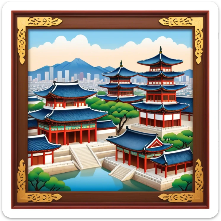 Cinematic Realistic Gyeongbokgung Palace Landmark Emoji, rendered with traditional Korean architecture, ornate wooden carvings, and vibrant colors, set against the backdrop of modern Seoul with soft evening light. sticker
