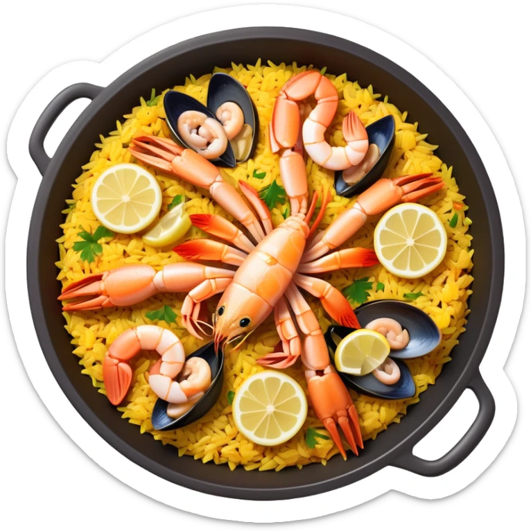 cinematic-realistic-paella-dish-emoji,-depicted-as-a-vibrant,-aromatic-rice-dish-loaded-with-seafood,-chicken,-and-saffron-rendered-with-rich-textures-and-dynamic,-warm-lighting with a lemon slice in the middle sticker