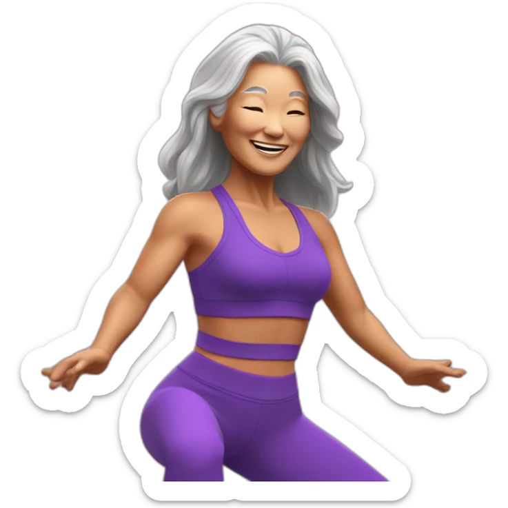 Long hair Asian senior woman in sexy purple yoga cloth dancing Zumba sticker