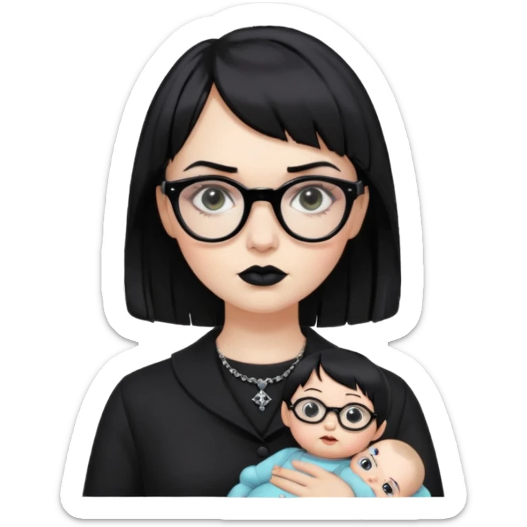 white woman with medium length black hair and baby bangs, glasses, with goth makeup and clothing  sticker