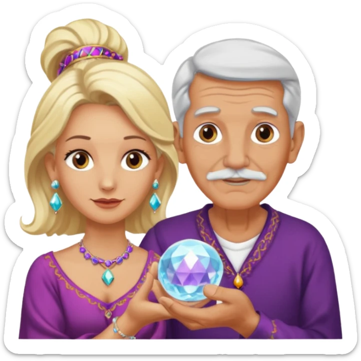 Elderly male cleanshaven gypsy with earrings and blonde female gypsy holding a crystal ball sticker