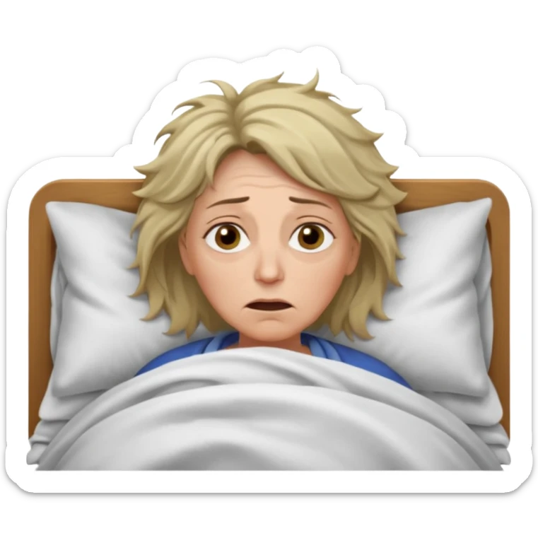 A 55-year-old woman lying in bed at night, unable to sleep. She looks exhausted and desperate, with visible dark circles under her eyes, tired facial expression, slightly messy hair. She is under the blankets, staring at the ceiling.  sticker